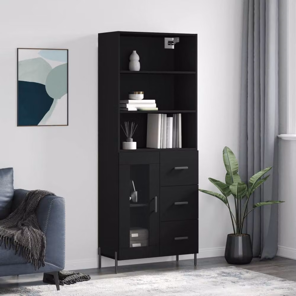 Berkfield Home Modern Black Highboard with Glass Doors and Internal Shelves, W/D/H: 69.5 x 34 x 180 cm – 2