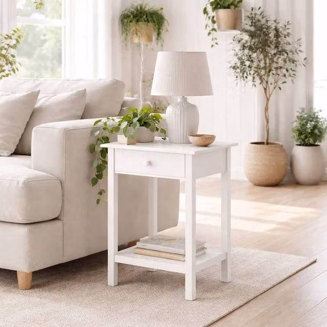 Wyld Haus Neka White Bedside Table with Drawer and Open Shelf, W/D/H: 39 x 39 x 61 cm – 1