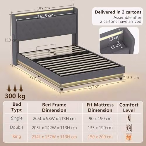 HOMCOM King Ottoman Bed Frame with Lift Up Storage, RGB LED Lighting and USB Charging Port, Grey, W: 150 cm, D: 200 cm – 2