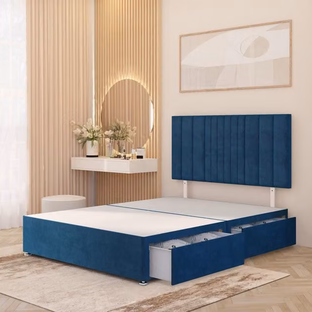 Somnior Beds Ltd Arizona Plush Velvet Divan Bed Base with Drawers and Headboard, Blue, W: 180 cm, D: 200 cm