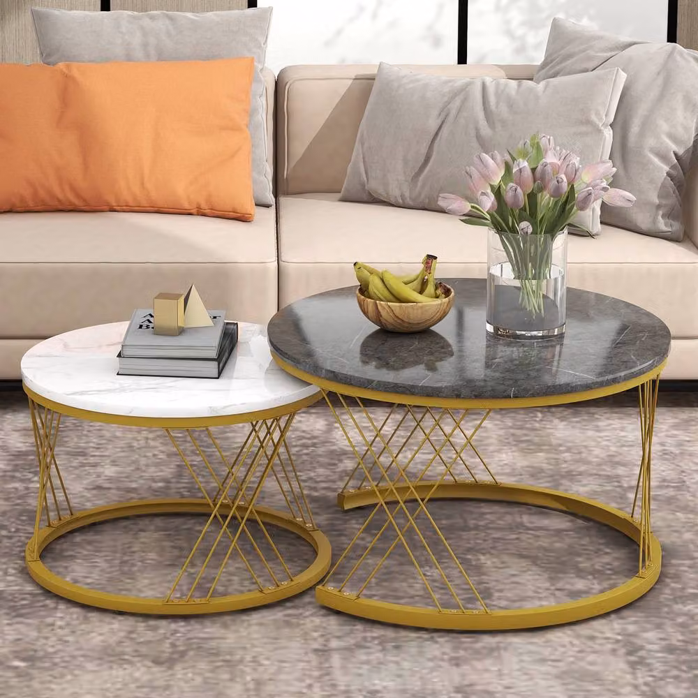 ModernLuxe Set of 2 Nesting Coffee Tables with Multicolour Marble Effect Tops and Gold Metal Frames – 2