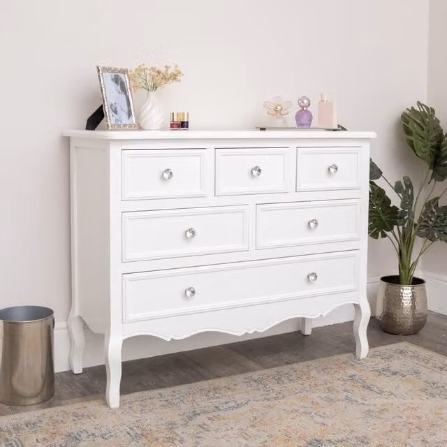 Melody Maison Victoria Range Large White 6 Drawer Wooden Chest of Drawers