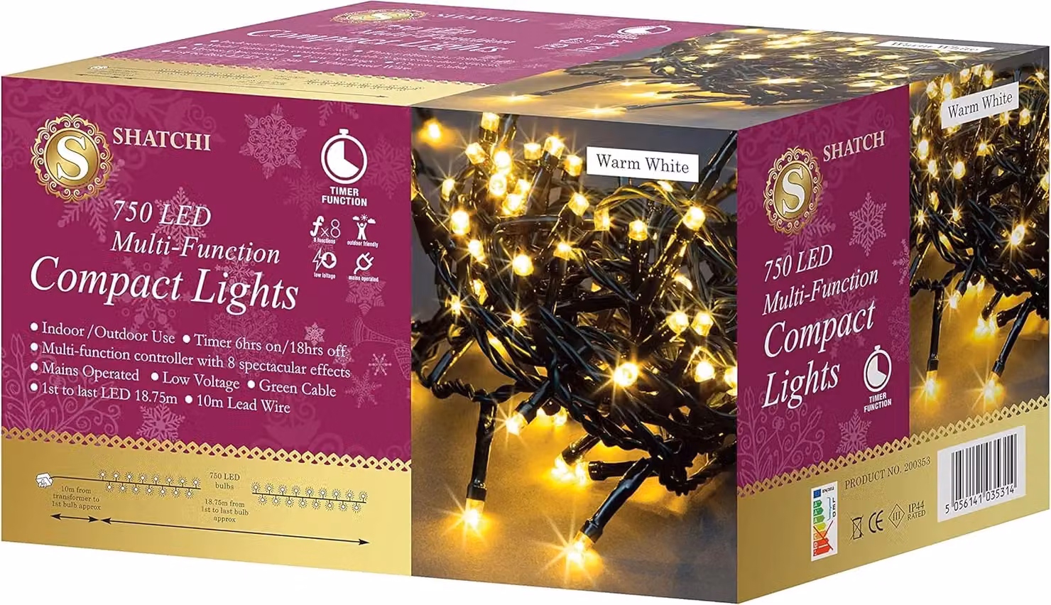 Shatchi 750 LED Warm White Compact Christmas Cluster Lights with Green Cable and Timer – 4