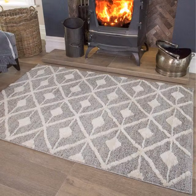 The Rug House Grey and White Diamond Geometric Scandi Shaggy Area Rug, W: 230 cm, D: 160 cm