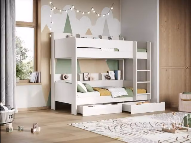 Flair Eddie Solid Wood Two-Level Storage Bunk Bed with Drawers and Bedside Shelf in White, W/D/H: 90 x 190 x 170 cm