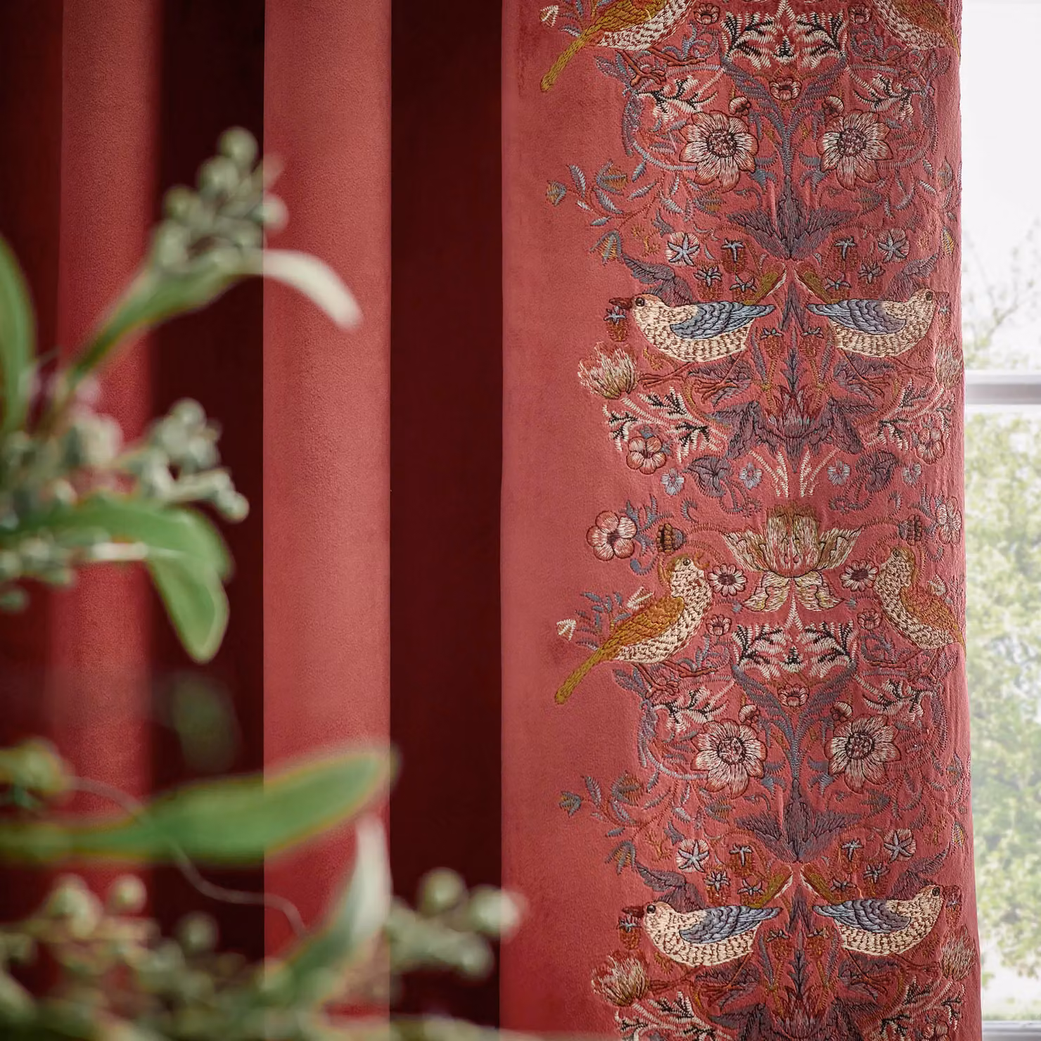 Morris & Co. Strawberry Thief Embroidered Velvet Pencil Pleat Curtains, Red, Width: 168 cm, Drop: 183 cm – 3