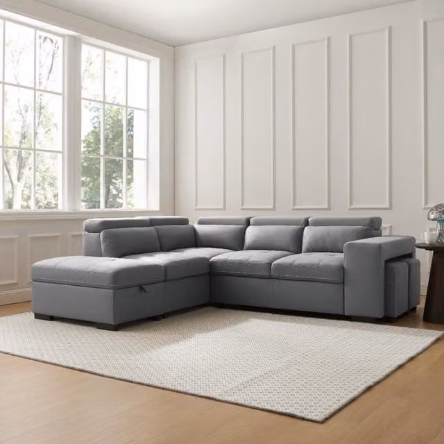 Home Detail Scarlett Left-Hand Corner Sofa with Pull Out Bed, Storage and Adjustable Headrests in Grey Air Leather and Fabric