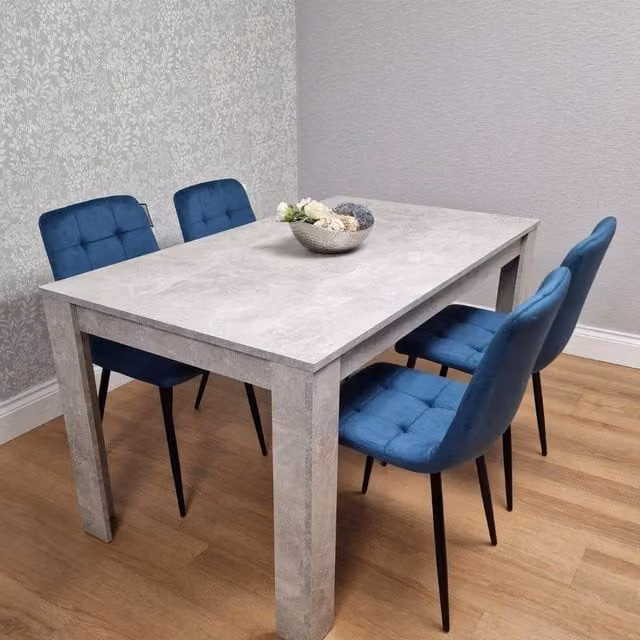 KOSY KOALA Modern Grey Rectangular Dining Table and 4 Blue Velvet Chairs Set, W/D/H: 80 x 80 x 75 cm