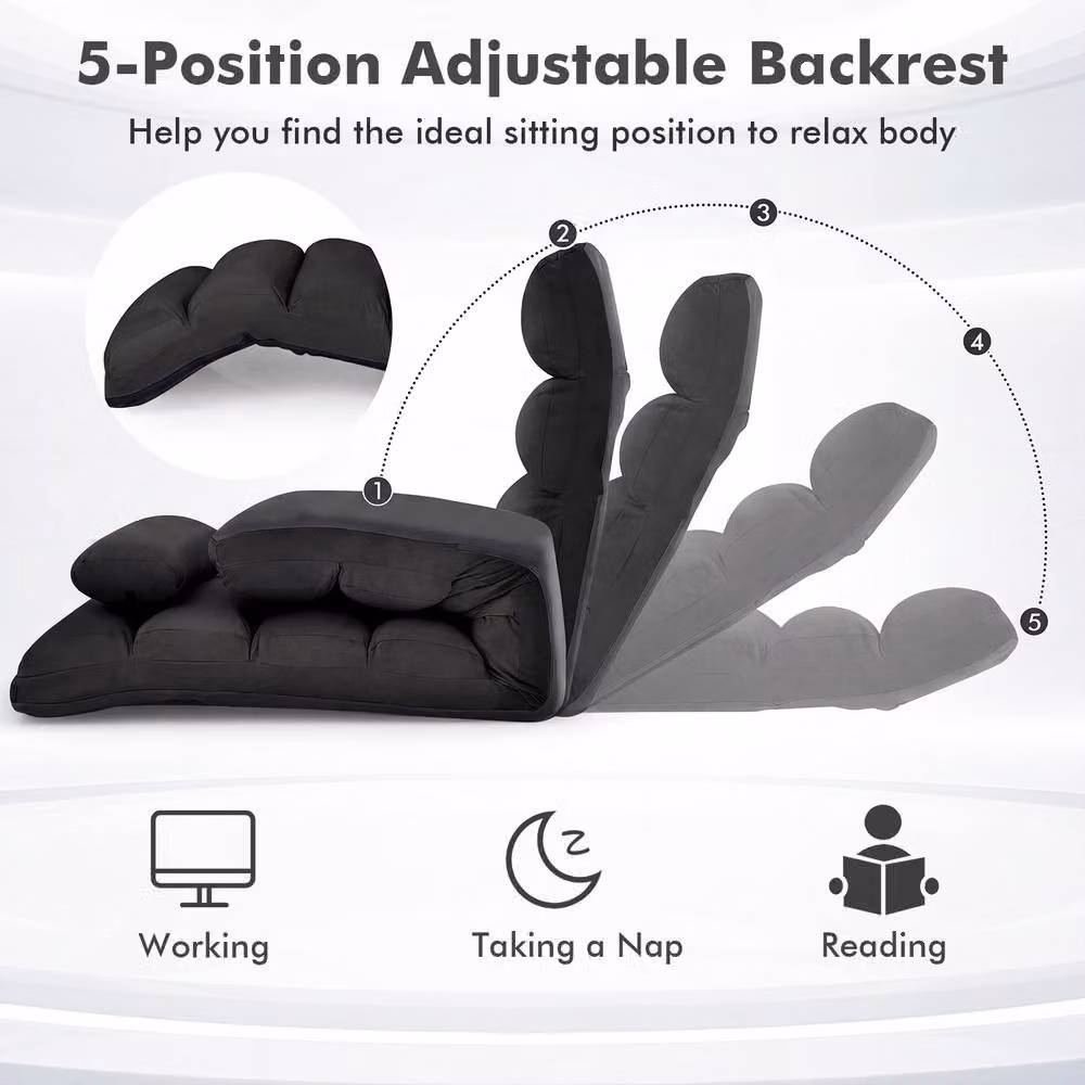 Gymax Black Microfibre Upholstered Floor Chaise Lounge with 5-Position Foldable Gaming Seat and Adjustable Headrest – 7