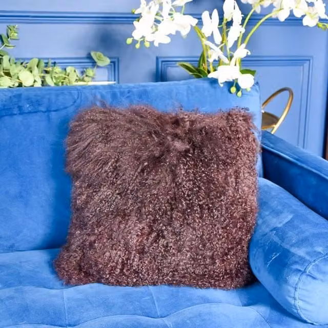 Madison & Mayfair Square Mongolian Lamb Cushion with Real Suede in Aubergine Purple – 1