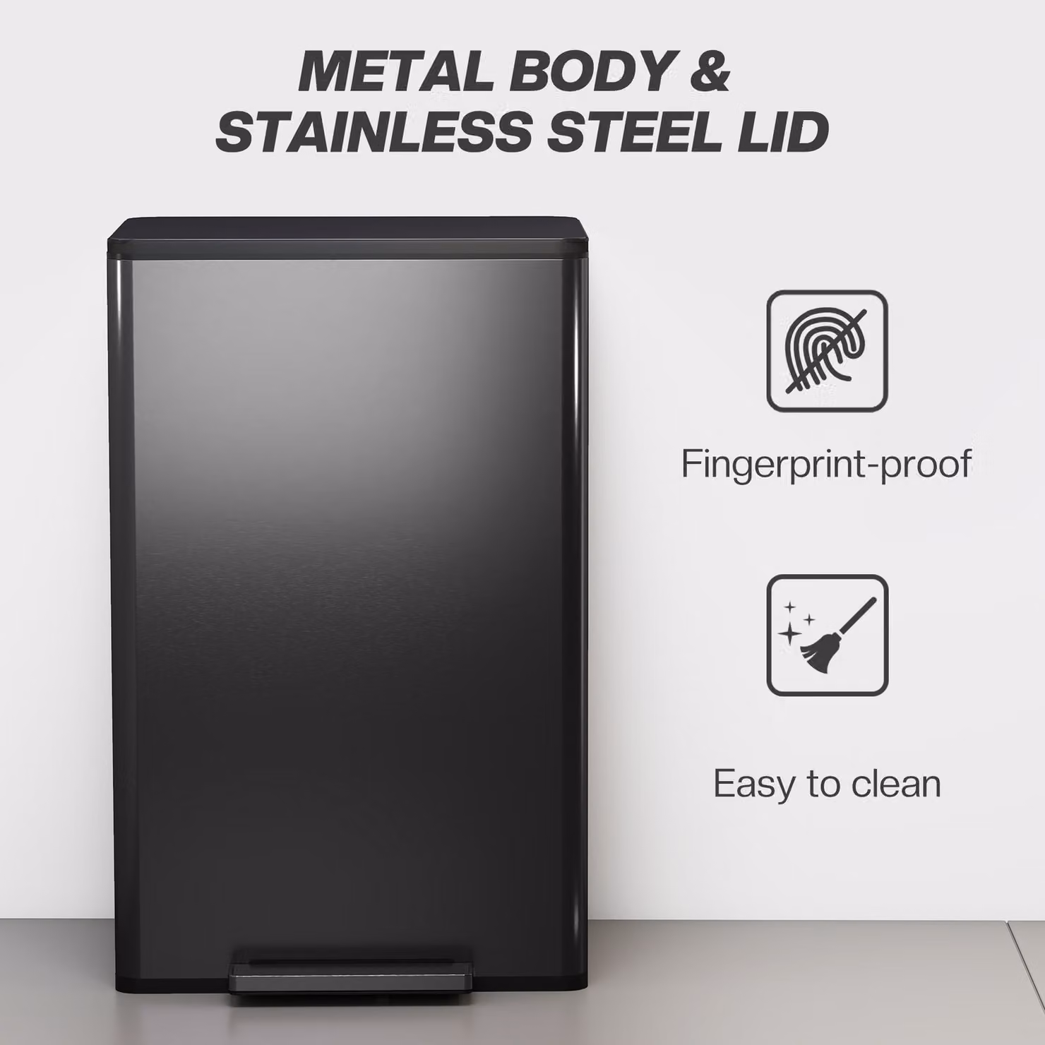 HOMCOM 45L Black Stainless Steel Kitchen Pedal Bin with Soft-Close Lid, Removable Inner Bucket and Odour Filter – 7