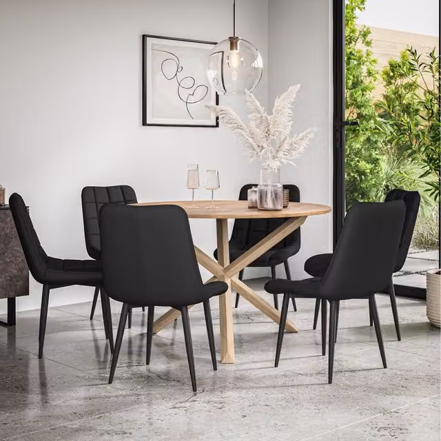 More4Homes Malvern Round Oak Effect Dining Table Set with 6 Black Nova Dining Chairs