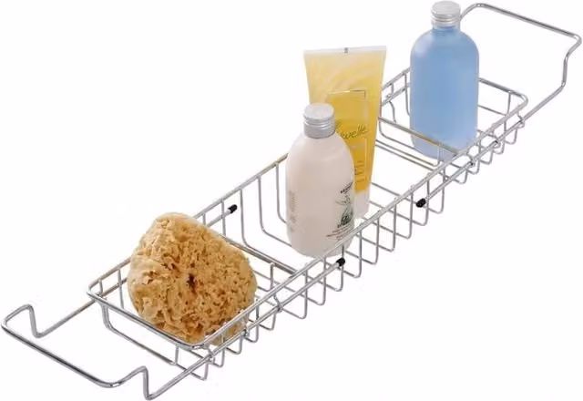 VOGREX Adjustable Rustproof Chrome Steel Extendable Bath Caddy Storage Tray in Silver – 1
