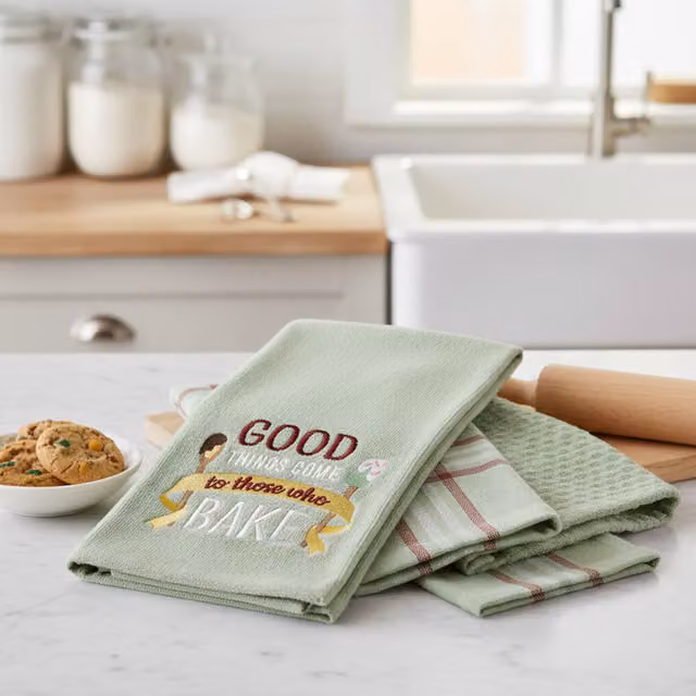 Kitchen Trends Highly Absorbent Embroidered 3-Pack Tea Towel Set in Green, White and Yellow