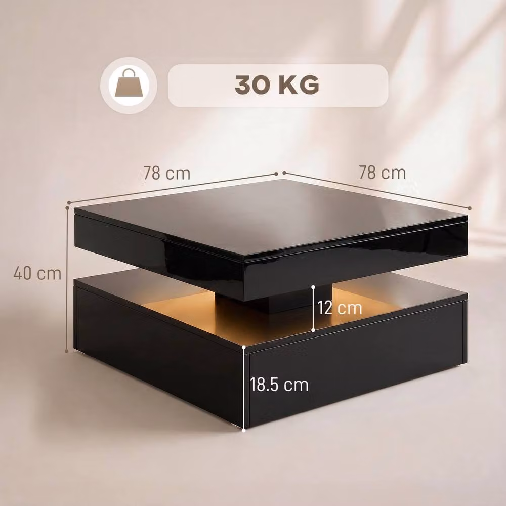 STILVORA Modern Glossy Black Square Coffee Table with Glass and Open Storage – 2