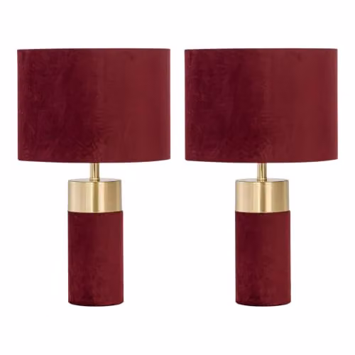 First Choice Lighting Set of 2 Burgundy Velvet Table Lamps with Brass Detail – 6