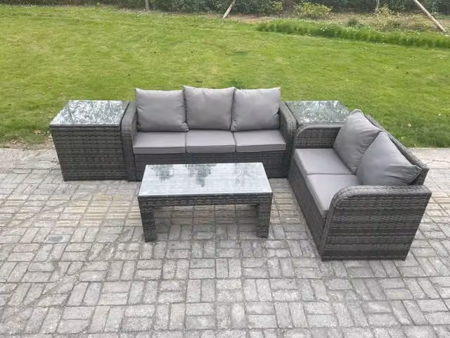 Fimous Rattan Wicker Garden Furniture Set in Dark Grey with Reclining Chair, Rectangular Coffee Table and 2 Side Tables