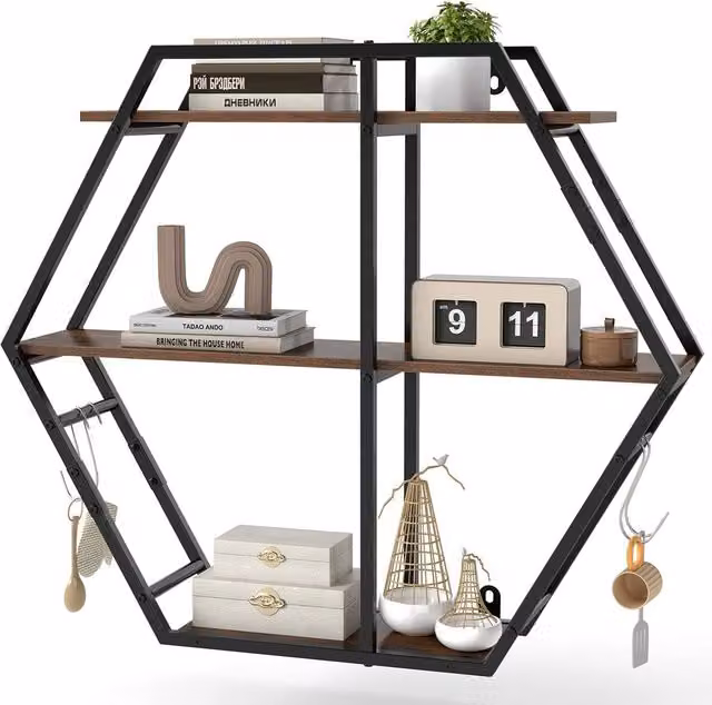 Gymax Industrial Geometric Hexagon Wall Shelves with Hooks and Metal Frame in Brown – 1