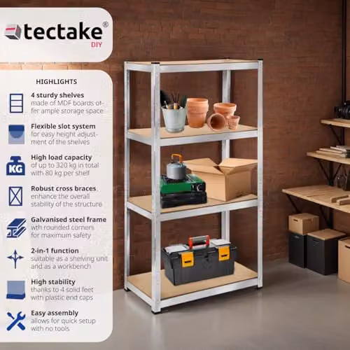tectake 4-Tier Heavy-Duty Shelving Unit with Galvanised Steel Frame and Adjustable MDF Shelves in Silver, H 160 x W 80 x D 40 cm – 2