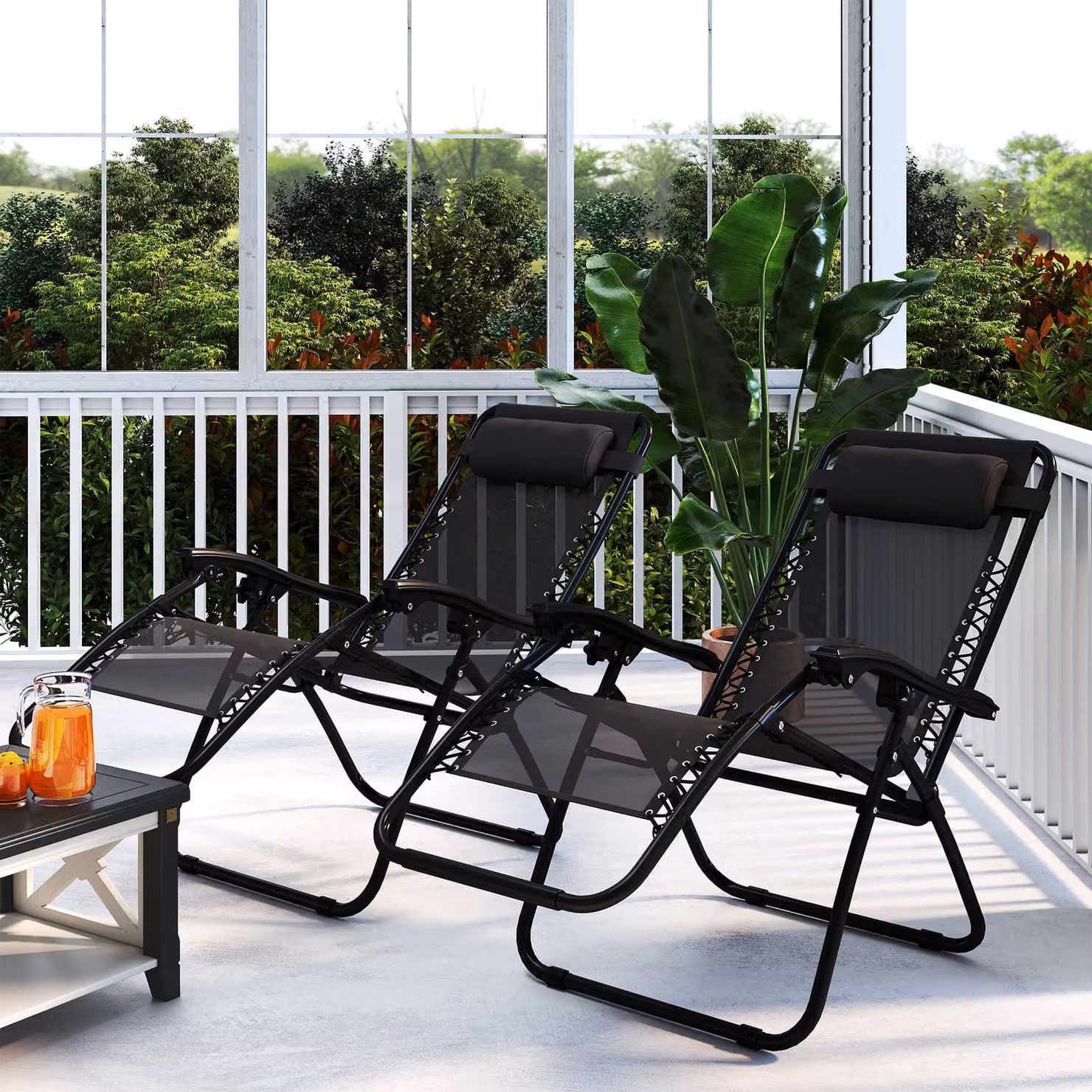 Outsunny Set of 2 Black Zero Gravity Reclining Sun Loungers with Metal Frame and Adjustable Headrest – 9
