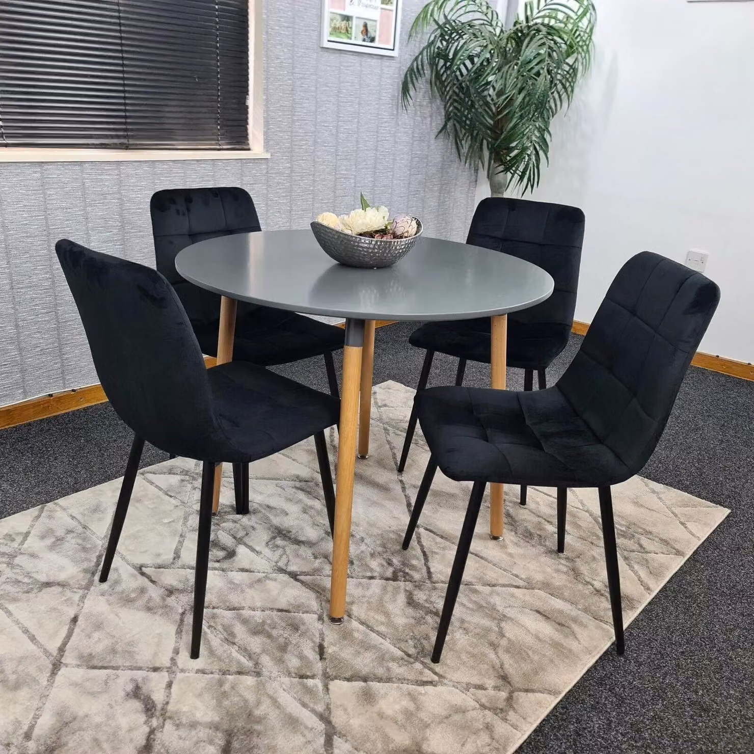 Kosy Koala Modern Round Grey Dining Table and 4 Black Velvet Chairs – 4