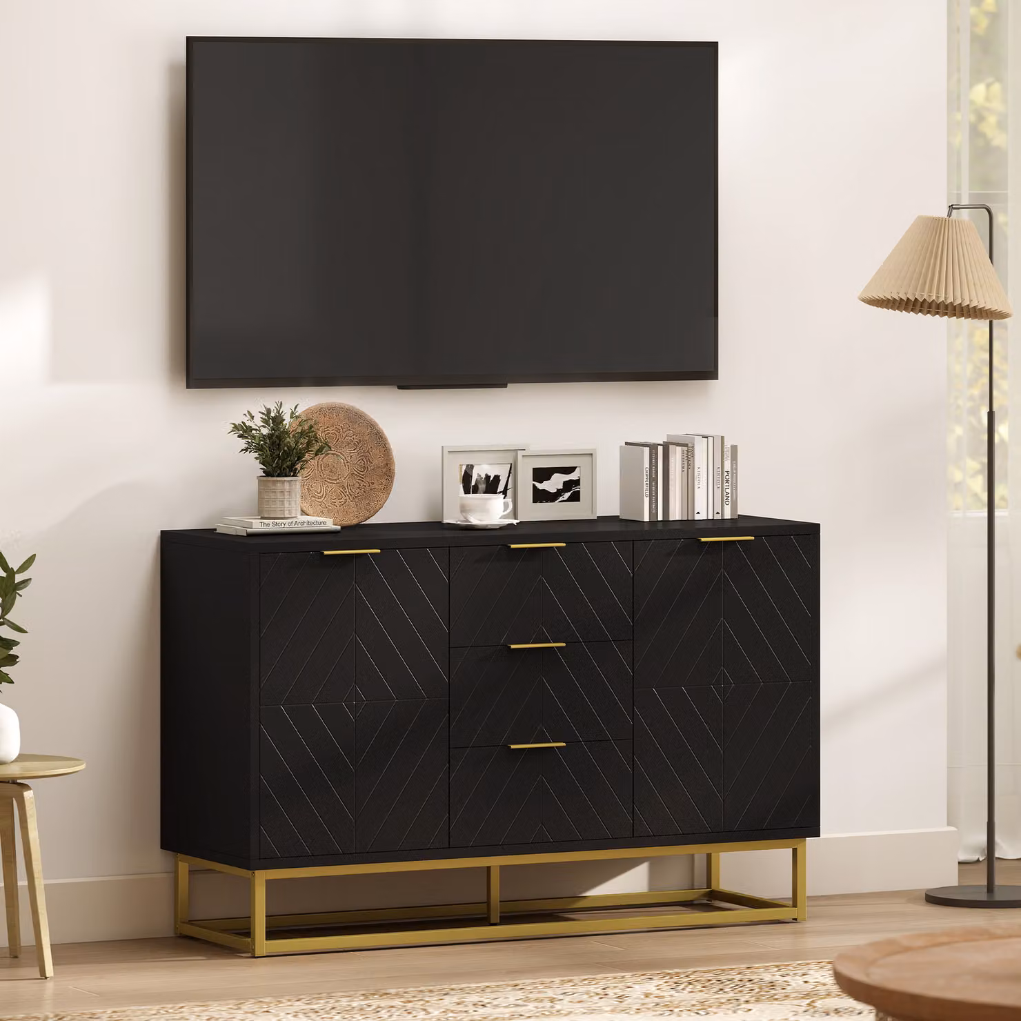 HOMCOM Modern Black Sideboard with 3 Drawers and Adjustable Shelves for your Living Room or Kitchen – 8