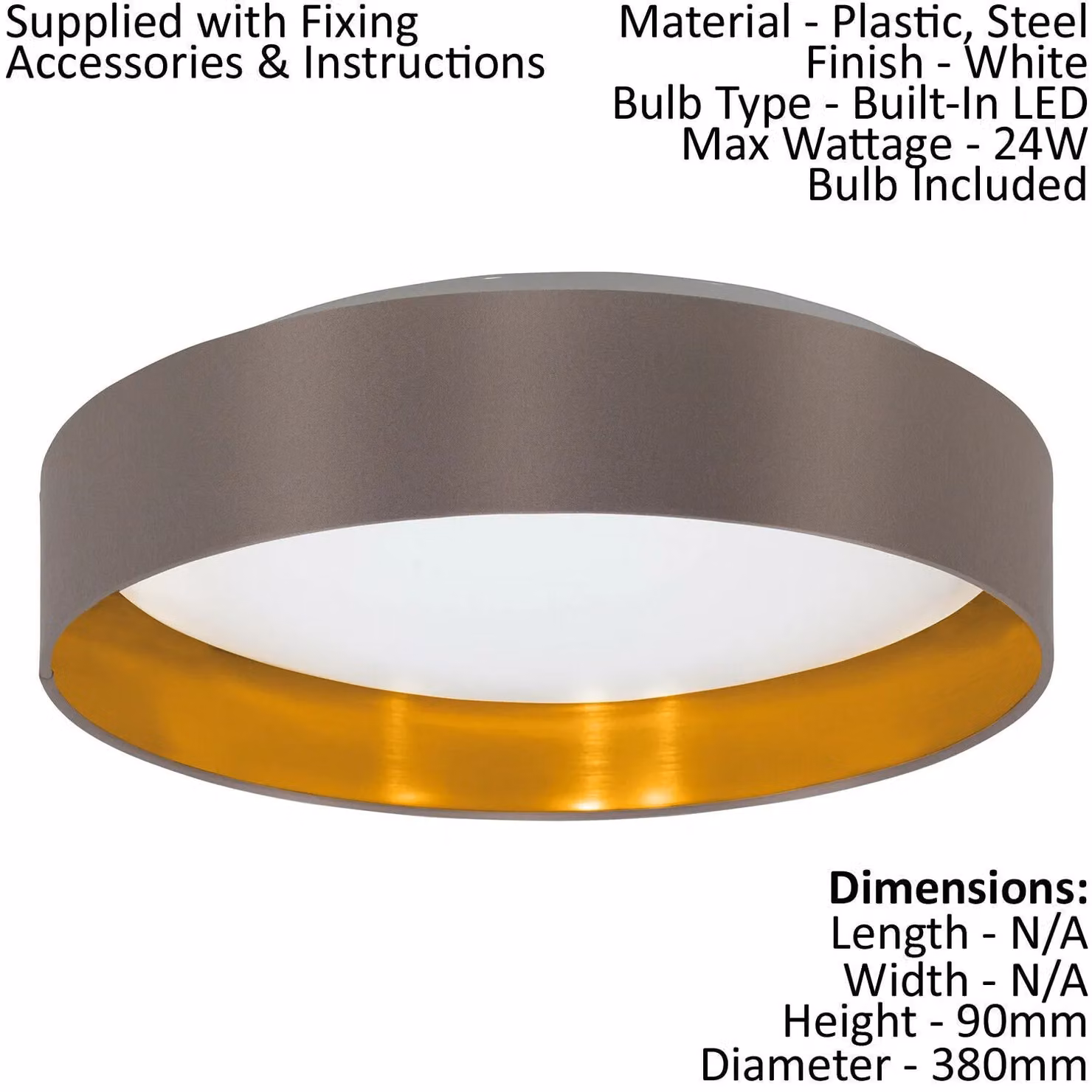 Loops LED Flush Ceiling Light in White and Gold/Brass with Fabric Shade – 2