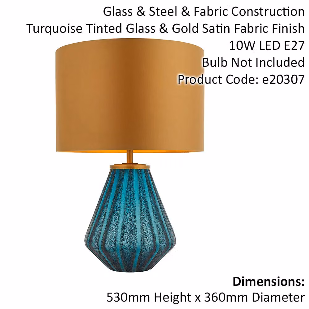 Loops 2 Pack Turquoise Glass Base Table Lamps with Gold Fabric Shades and Black Details – 2