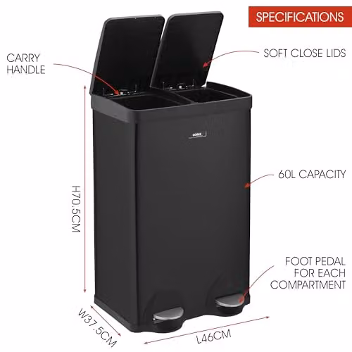 Cooks Professional Dual Pedal Bin 60L with 2 x Removable Compartments and Soft Close Lids, Black, W: 45.7 cm, D: 39.1 cm, H: 77.5 cm – 4
