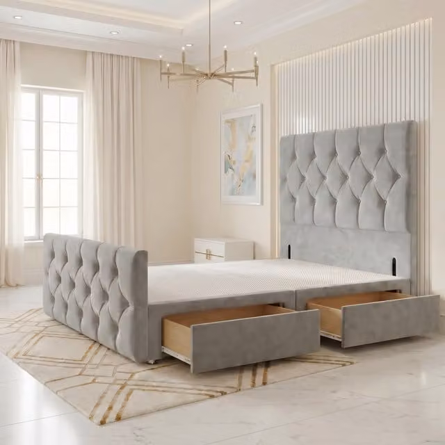 Somnior Beds Ltd Chesterfield Velvet Divan Bed Base with Drawers and Floor Standing Headboard, Silver, W/D/H: 120 x 190 x 115 cm