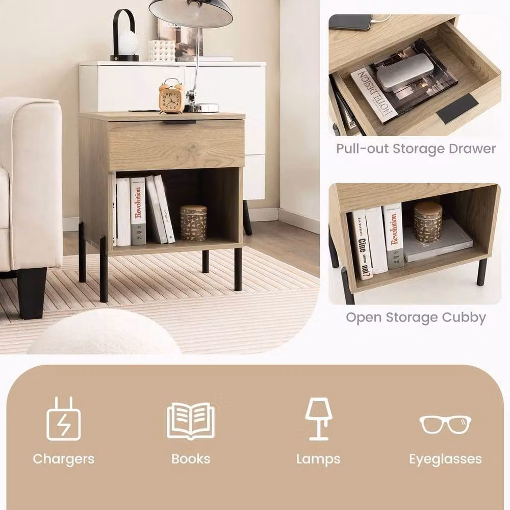 KORVIXA Mid Century Modern Nightstand with Wood Grain and Metal Legs in Brown, W/D/H: 100 x 100 x 100 cm – 3