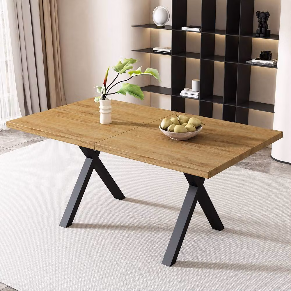Merax Oak and Black Rectangular Dining Table with X-Frame Legs, W: 140 cm, D: 80 cm – 2