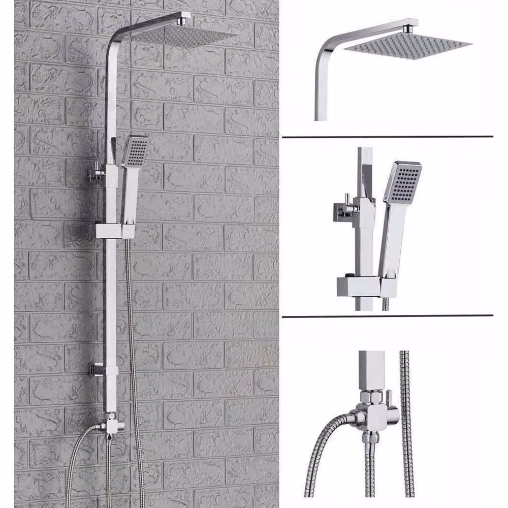 FLAVORA Square Overhead Mixer Tap Chrome Twin Head Shower Kit with Diverter and Rigid Column in Metallic Silver W: 52 cm, H: 1000 cm – 2