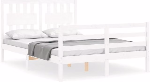 Berkfield Home White Solid Pine Bed Frame with Headboard W/D/H: 140 x 200 cm