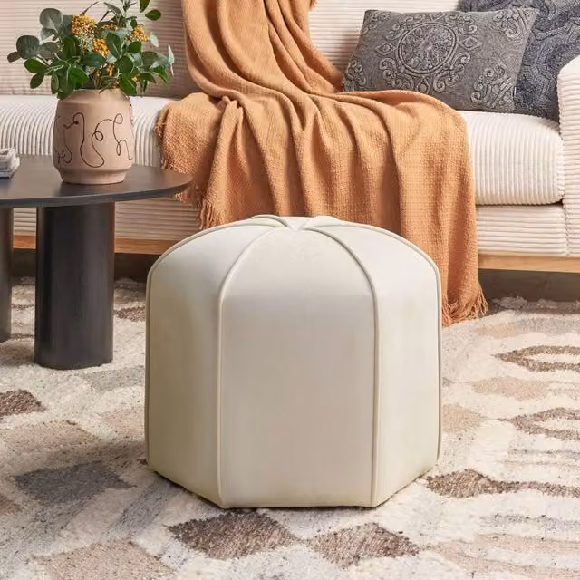 Wyld and Coco Velvet Round Pouffe, Beige, Diameter: 45 cm, Height: 40 cm