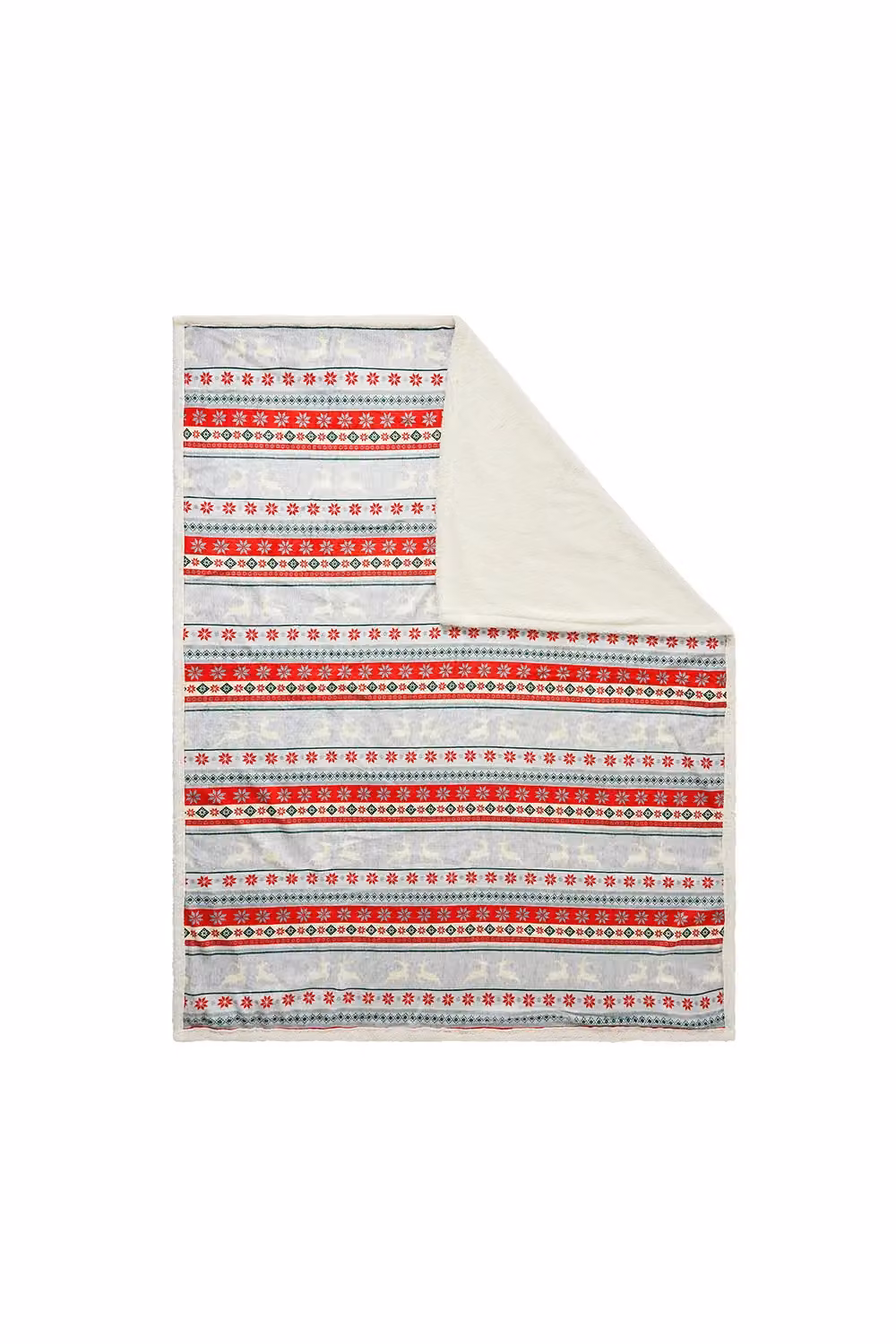 BHS Christmas Stag Striped Fleece Throw in Grey, Red and Green, W: 140 cm, D: 180 cm – 2