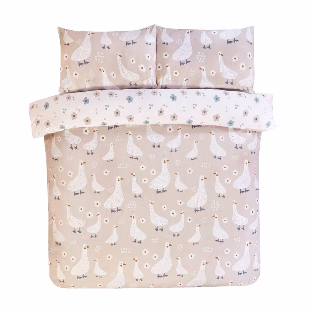 Rapport Home Jemima Duck Reversible Microfibre Duvet Cover and Pillowcase Set in Green and Sand, W: 200 cm, D: 220 cm – 2