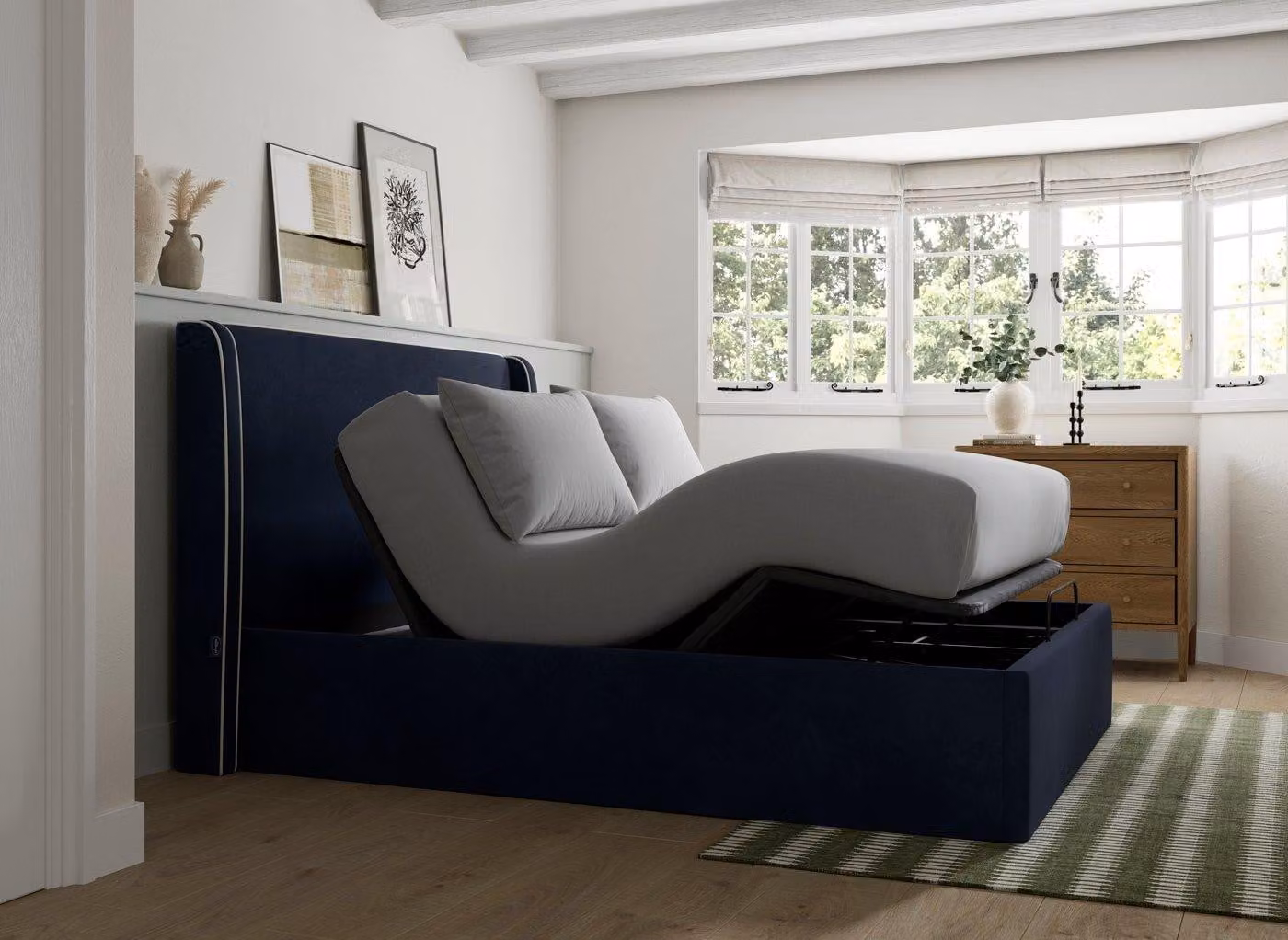 Silentnight Payton Ergomotion Blue Upholstered Motorised Adjustable Bed Frame with USB Charging Port and Massage Function