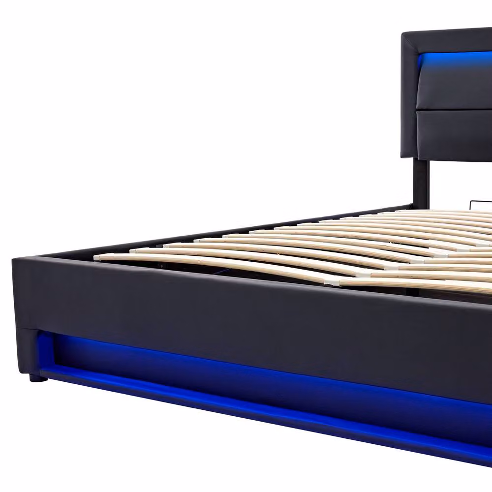 Matteo Super King Upholstered Bed with Storage, USB Charging Port and LED Lighting, Black PU Leather, W: 180 cm, D: 200 cm – 4