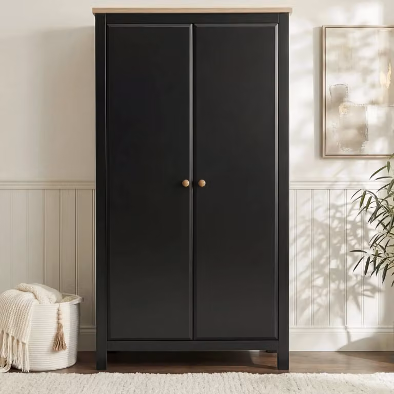 DHS Black Oak 2 Door Double Wardrobe with Soft Close Doors, Internal Shelves and Hanging Rod, H 186 x W 98 x D 56 cm