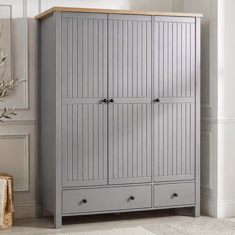 DHS Linra 3 Door Wardrobe with Integrated Drawers and Shelves in Grey Lacquered Oak, W/D/H: 186 x 55 x 140.5 cm