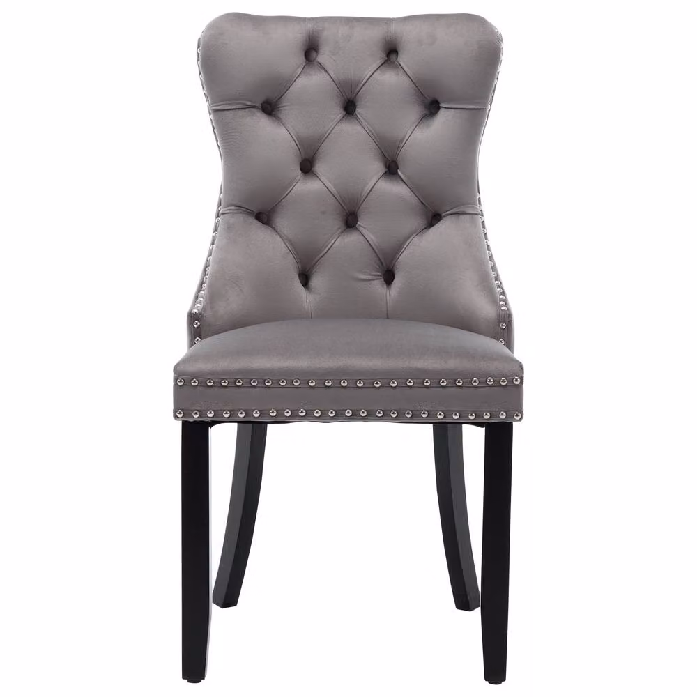 Rolipo Set of 4 Grey Velvet Upholstered Dining Chairs with Solid Rubberwood Legs – 5
