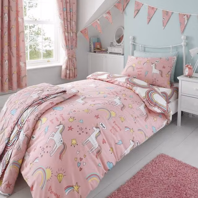 Happy Linen Company Kids Unicorn and Animals Reversible Duvet Cover and Pillowcase Set, Pink and Multicolour, Duvet Cover W/H: 200 x 200 cm, Pillowcase W/H: 50 x 75 cm