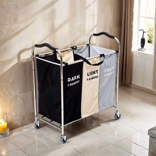 H&O Direct 240L 3-Section Multicolour Fabric Laundry Basket with Wheels