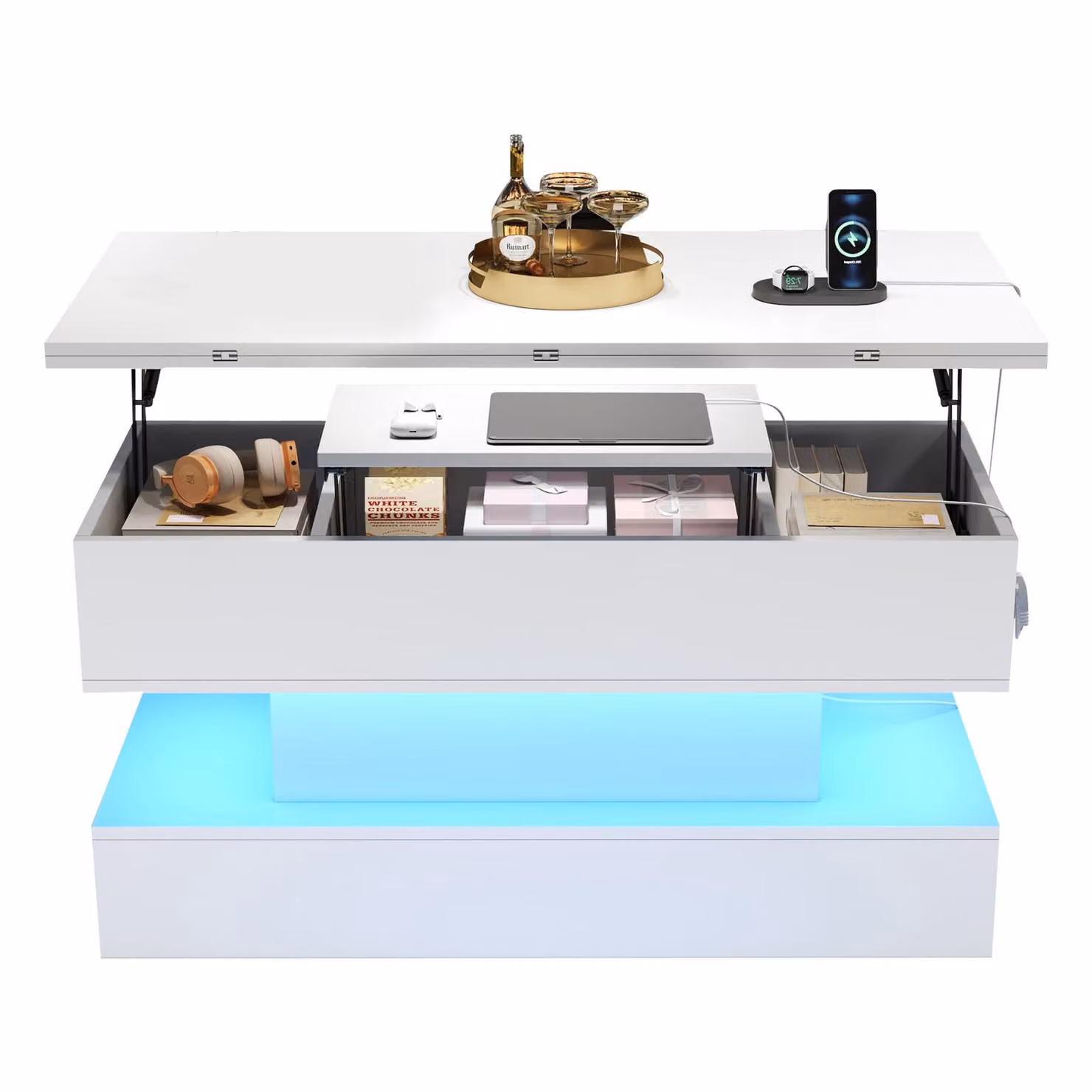 Aosom UK Multifunctional White Modern Coffee Table with Integral Power Outlet and App-Controlled LED Light, W: 100 cm, D: 50 cm, H: 51.5 cm – 2
