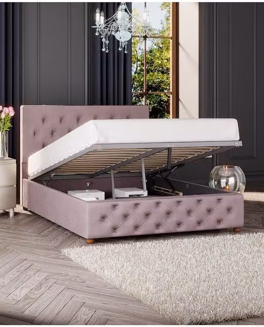 Laurence Llewelyn-Bowen Luna Ottoman Storage Bed in Pink Plush Velvet Fabric, Super King, W: 200 cm x D: 200 cm