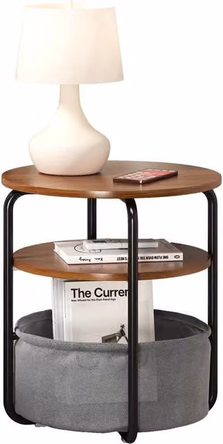 VOGREX 3-Tier Round Side Table with Removable Fabric Basket in Grey and Brown – 1