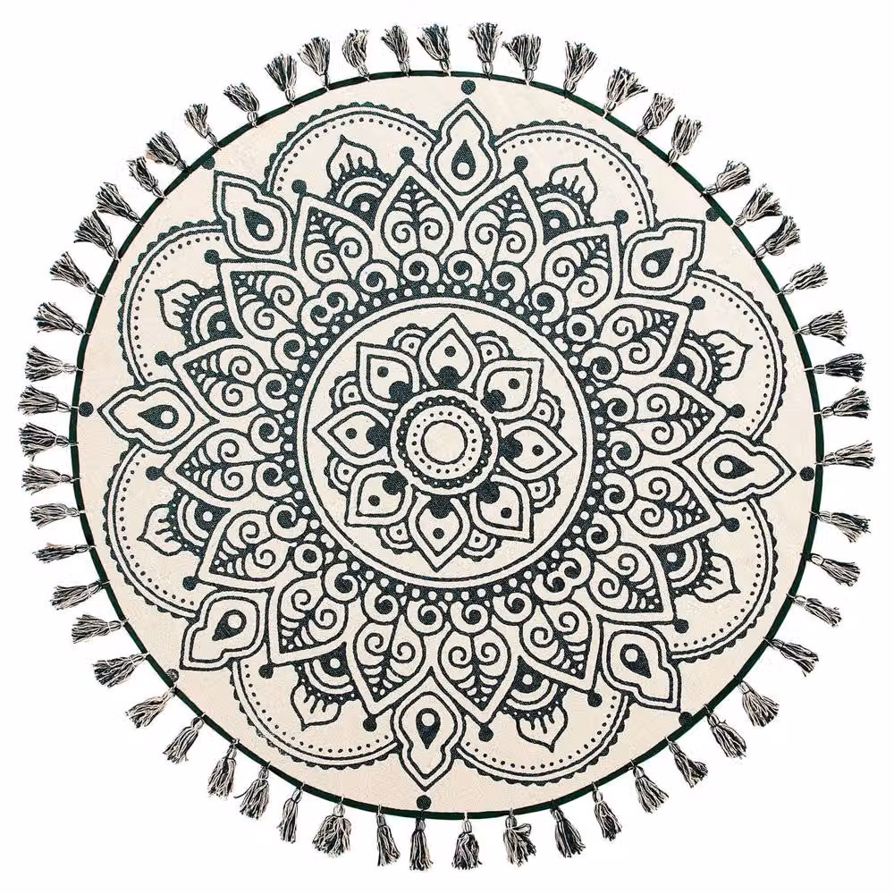 Wyld and Coco IRICE Round Woven Cotton Rug in Cream and Green with Mandala Design, Diameter: 120 cm – 2
