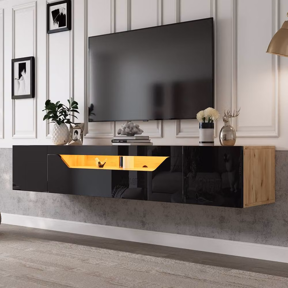 Merax Modern Wall Mounted Floating TV Stand with Integrated LED Lighting, Black – 2