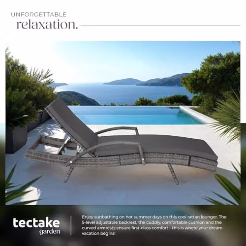 tectake Grey Rattan Sun Lounger with 5-Position Adjustable Backrest and Aluminium Frame – 6